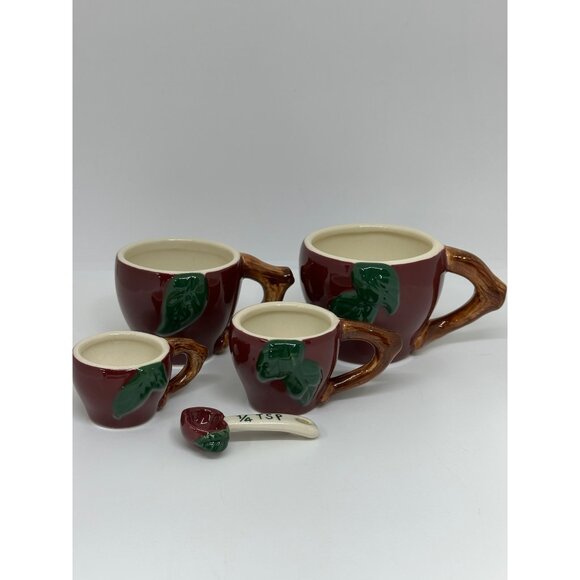 VTG 80s Cracker Barrel Apple Ceramic Measuring Cups & Spoons 5pc Kitchen Decor - Picture 2 of 11